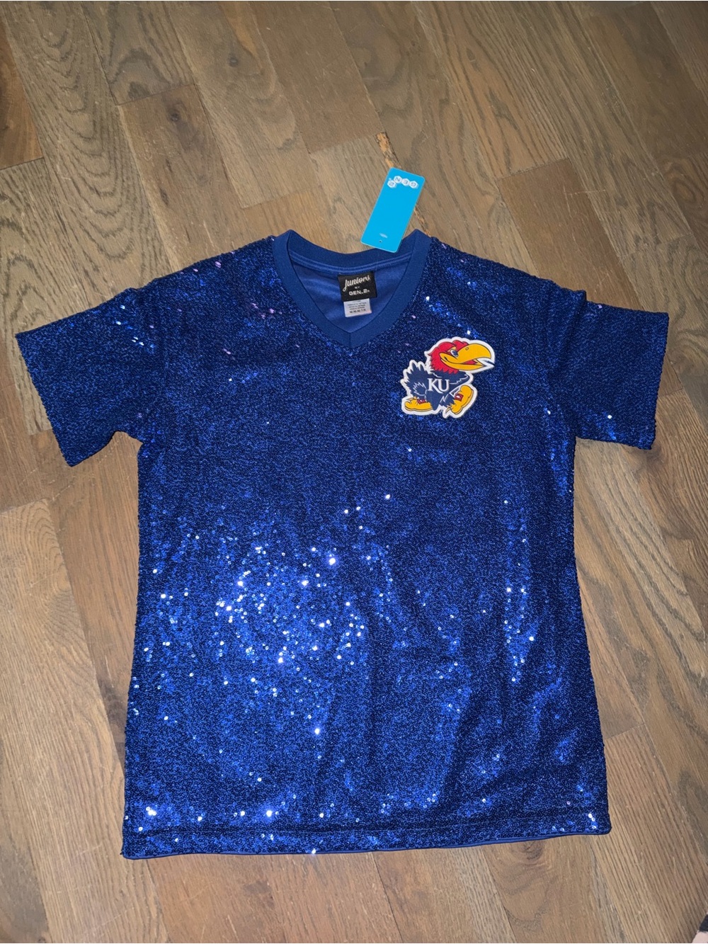 NWT Kansas Jayhawks KU sparkle Sequin V-Neck shirt Sz medium Blue